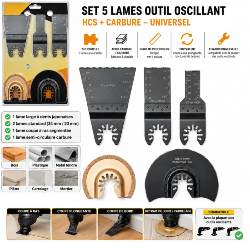 SET 5 LAMES OUTIL OSCILLANT – HCS + CARBURE – UNIVERSEL 1MMT14-1