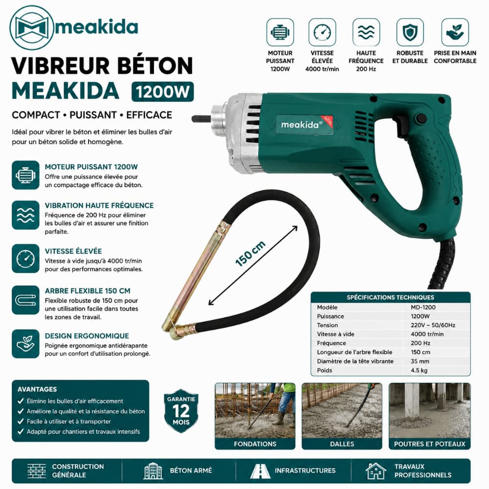VIBREUR BETON MEAKIDA 1200W