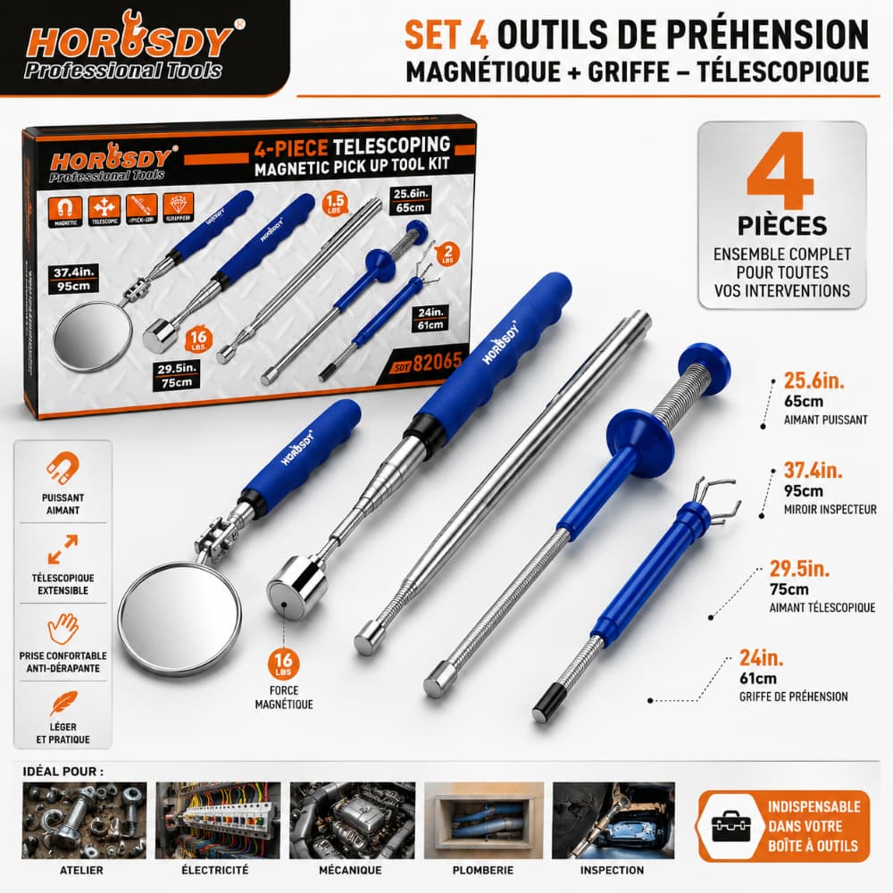 SET 4 OUTILS DE PRÉHENSION  – MAGNÉTIQUE + GRIFFE – TÉLESCOPIQUE  1MMT11-5