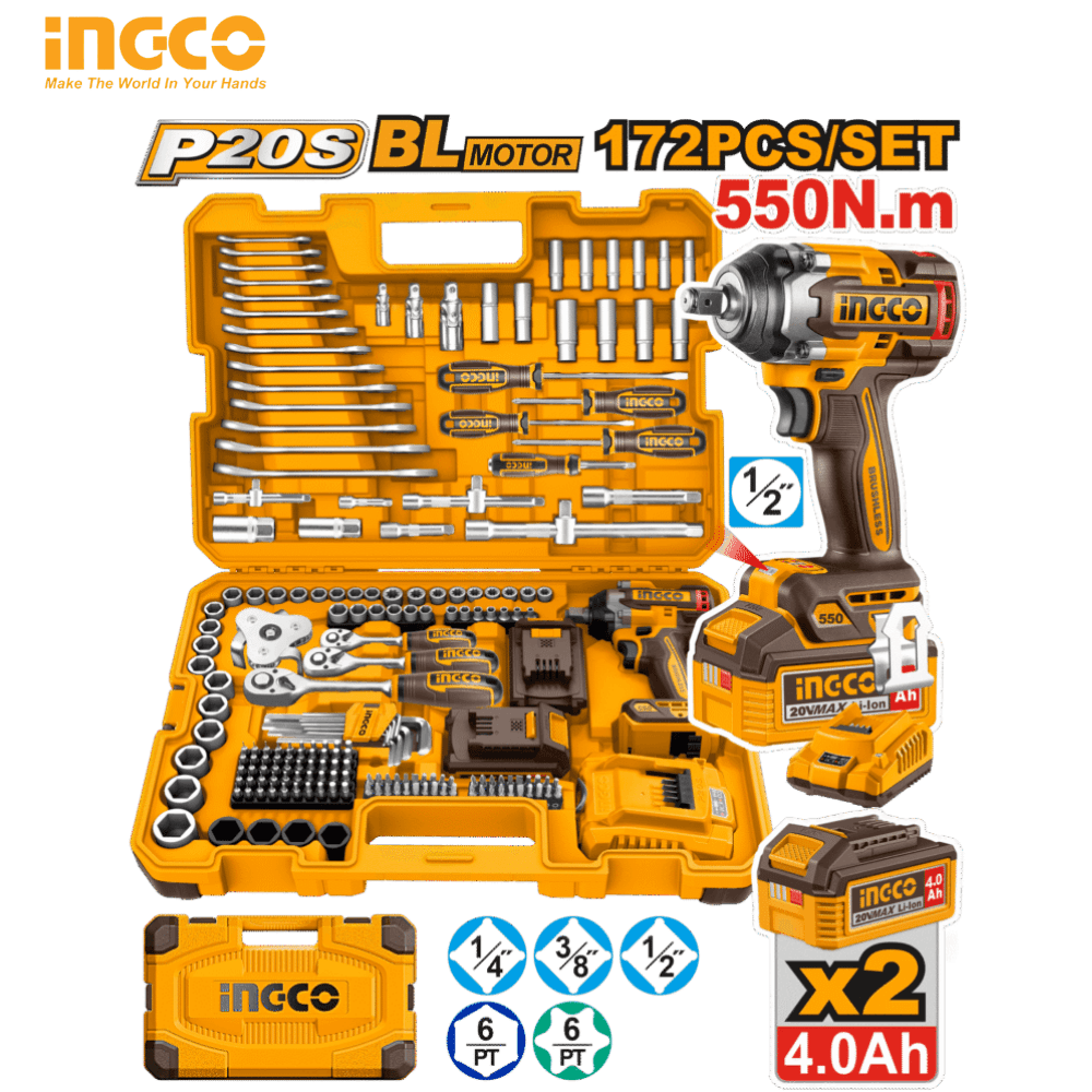 SET D'OUTILS AVEC CLÉ À CHOCS SANS FIL  172 PIÈCES INGCO 