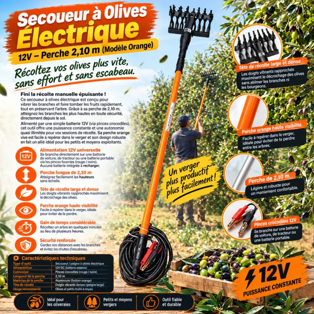 SECOUEUR À OLIVES ÉLECTRIQUE 12V – PERCHE 2,10 M (MODÈLE ORANGE) SH47-1