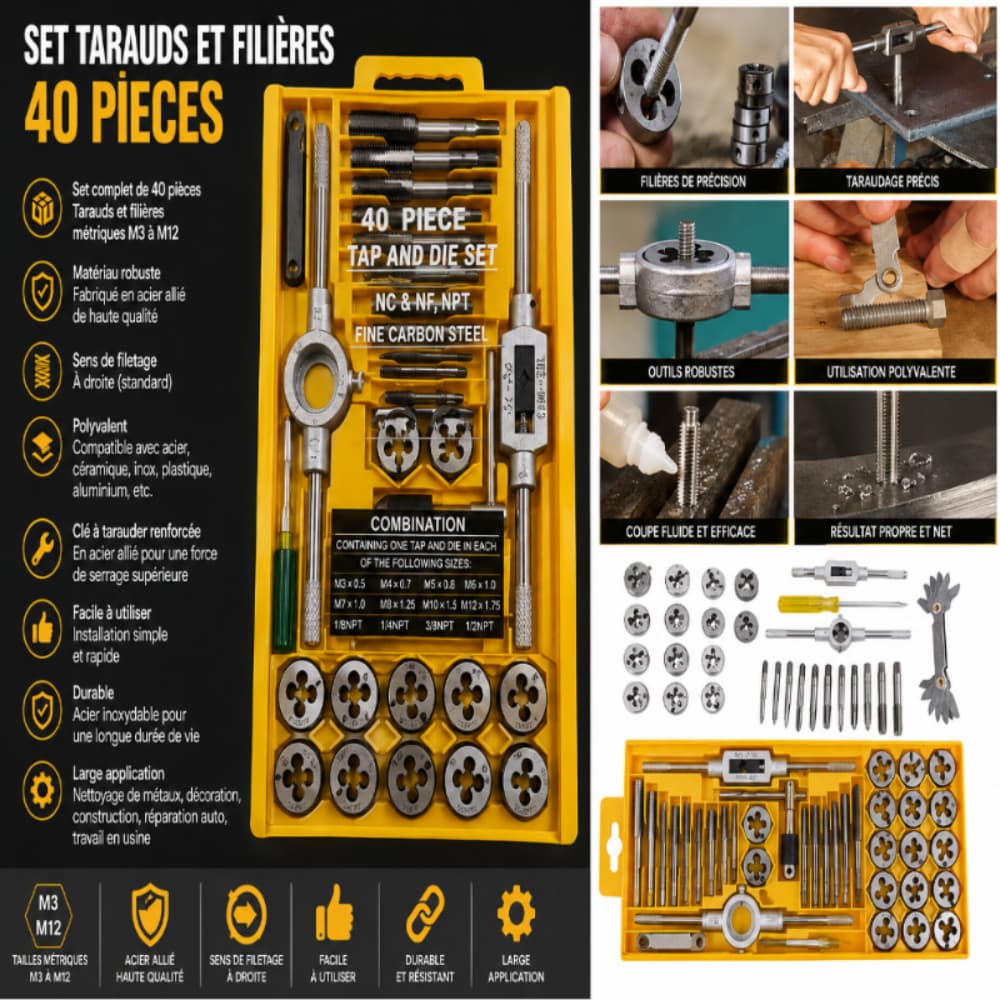 SET TARAUDS ET FILIÈRES 40 PIÈCES 1MMT14-3