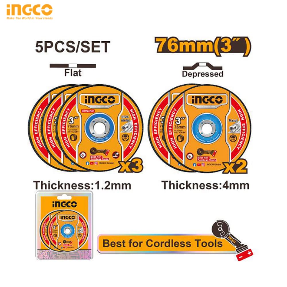 JEU DE 5 DISQUES ABRASIFS (3 POUCES) POUR LA COUPE ET LE MEULAGE DU MÉTAL INGCO MCD303768