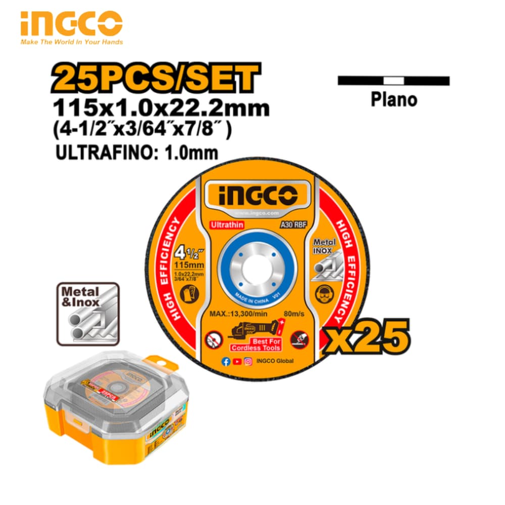 25 DISQUES À TRONÇONNER POUR MÉTAUX ET ACIER INOXYDABLE 115 MM INGCO MCD1025115
