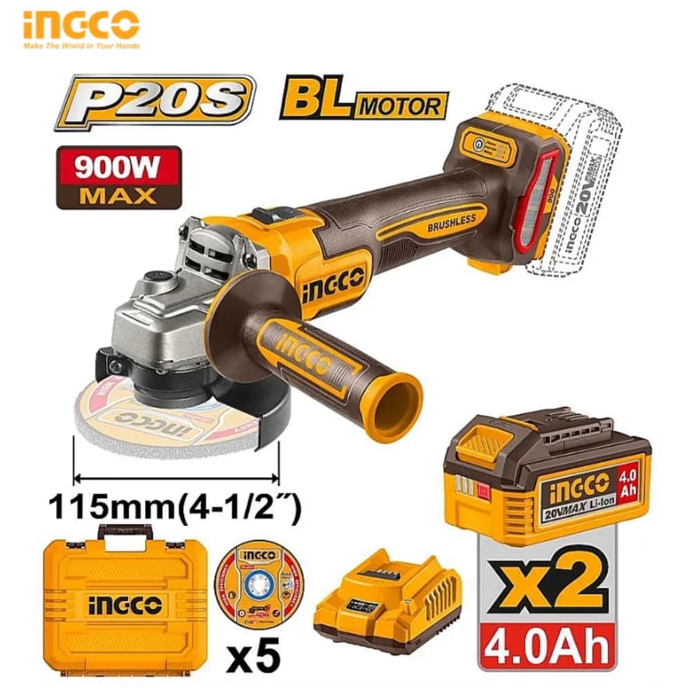 MEULEUSE D'ANGLE SANS FIL INGCO 20V BRUSHLESS 115 MM AVEC 2 BATTERIES 4,0 AH CAGLI261522