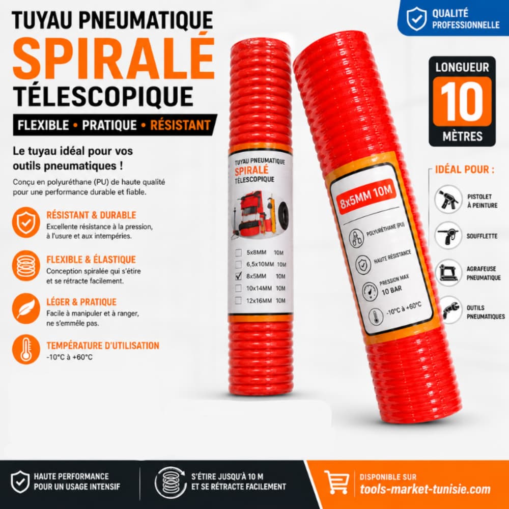 TUYAU PNEUMATIQUE SPIRALÉ TÉLESCOPIQUE 10M 1MMT15-25