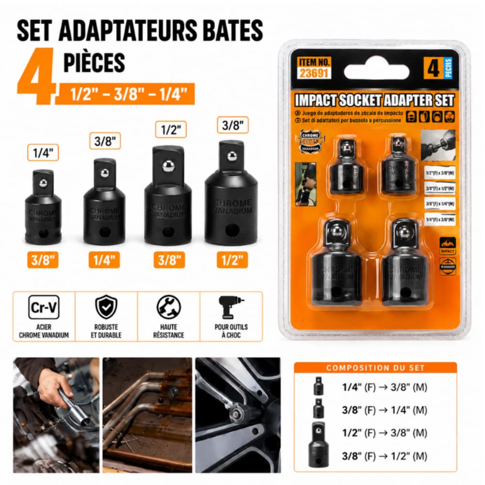 SET ADAPTATEURS BATES 4 PIÈCES – 1/2" – 3/8" – 1/4" 1MMT15-22