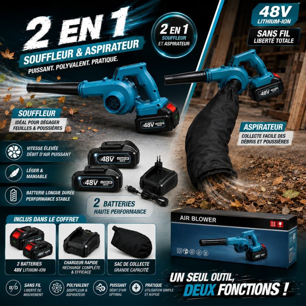 SOUFFLEUR ASPIRATEUR 2EN1 MAKITA AVEC 2 BATTERIES 48V 1MMT6-5