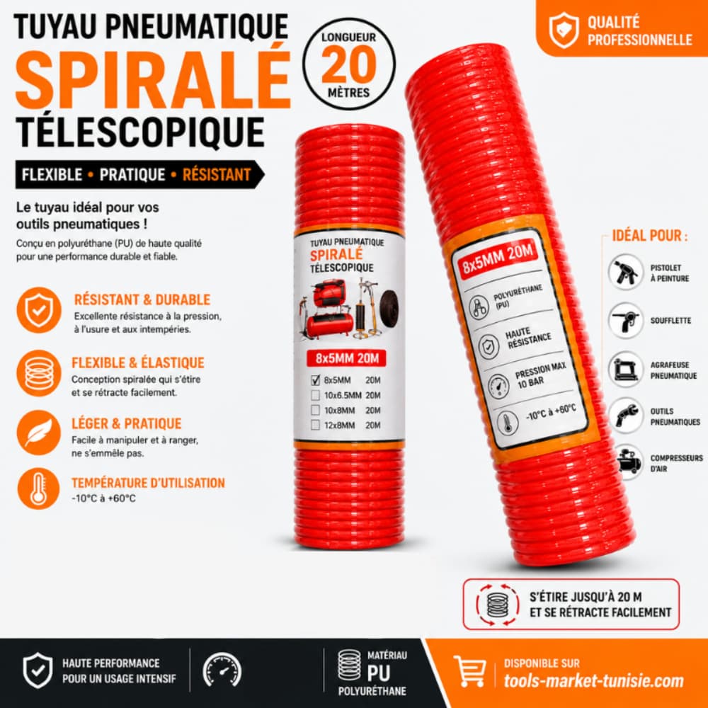 TUYAU PNEUMATIQUE SPIRALÉ TÉLESCOPIQUE 20M 1MMT15-26