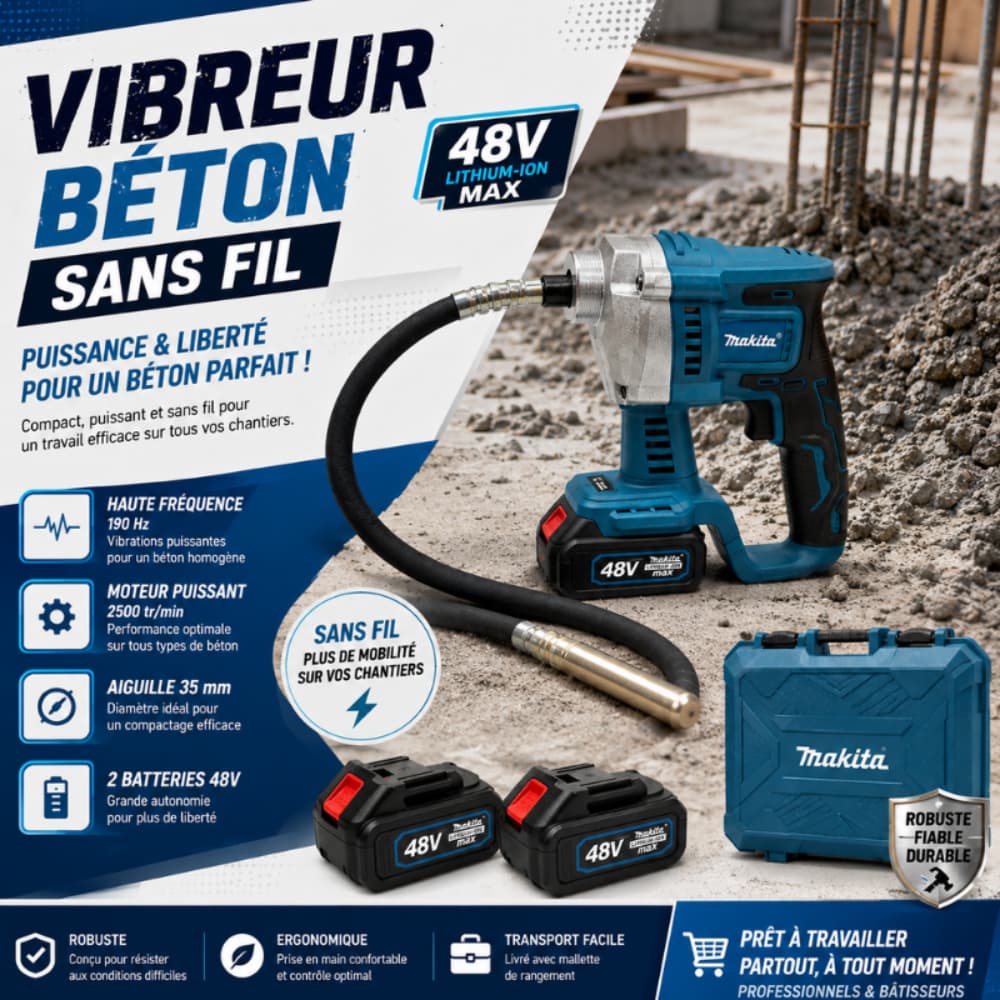 VIBREUR BÉTON MAKITA AVEC 2 BATTERIES 48V 1MMT17-4